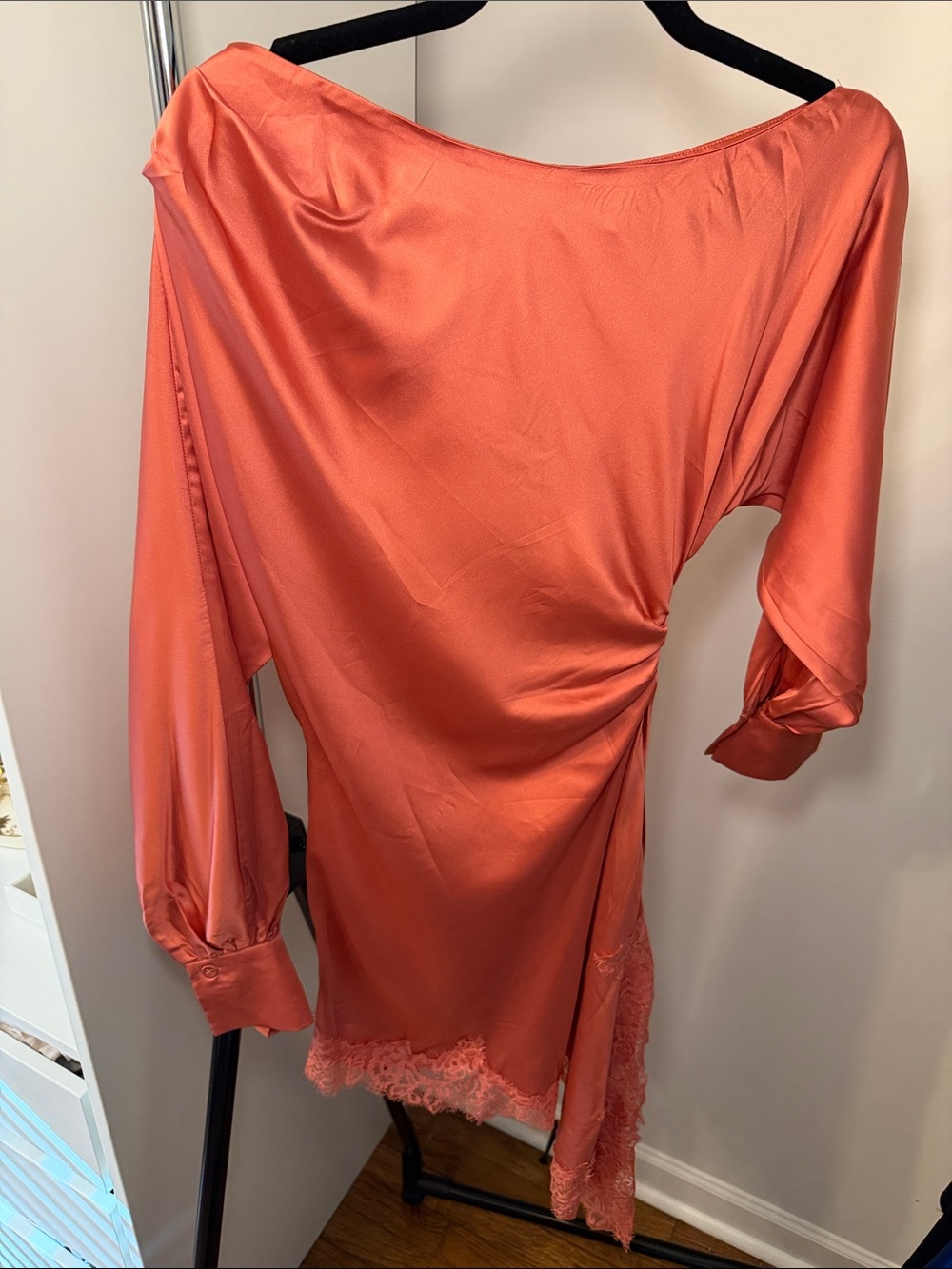 Fashion Nova Coral One-Shoulder Satin Tunic with Lace Hem